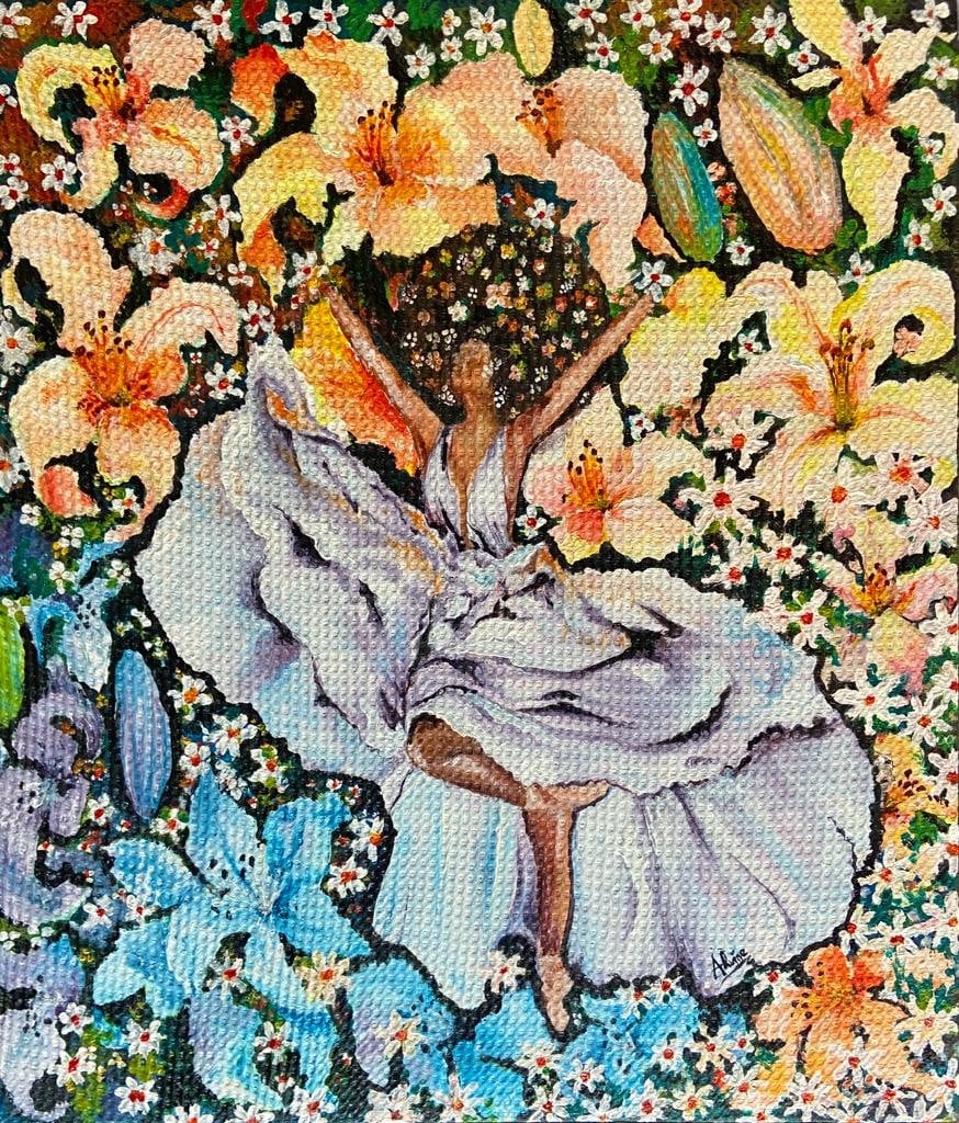 Painted figure surrounded by colourful flowers